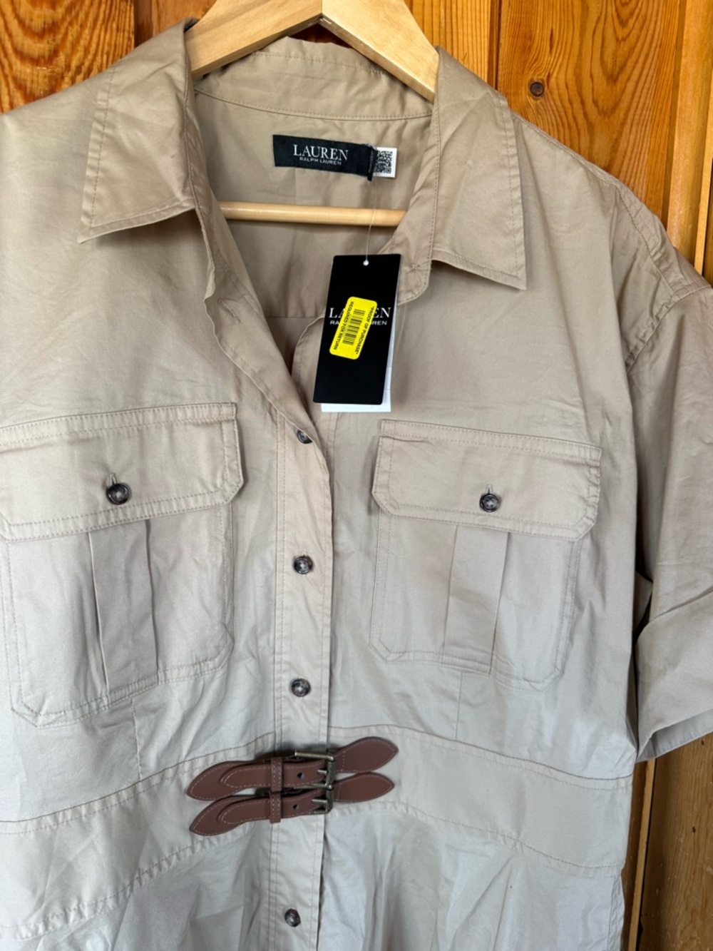Lauren Ralph Lauren size 14 Beige Midi Shirt Dress with Brown Belt - Picture 2 of 4
